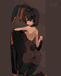 Rule 34 | 1girl, animal ears, ass, back, bad id, bad pixiv id, blush, boots, brown hair, fake animal ears, kneeling, leotard, looking back, lowres, oekaki, pantyhose, playboy bunny, rabbit ears, rabbit tail, short hair, solo, tail, thigh boots, thighhighs, z-ton