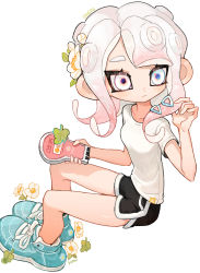 Rule 34 | 1girl, black shorts, blue footwear, breasts, cellphone, closed mouth, flower, gradient hair, hair flower, hair ornament, hairclip, heterochromia, highres, holding, holding phone, invisible chair, kumo (kumo hsc0216), multicolored hair, nintendo, octoling, octoling girl, octoling player character, phone, pink hair, shirt, shoes, short shorts, short sleeves, shorts, simple background, sitting, small breasts, sneakers, solo, splatoon (series), tentacle hair, white background, white flower, white hair, white shirt