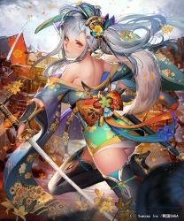 Rule 34 | 1girl, 2boys, back, bare shoulders, blue kimono, boots, closed mouth, floral print, from behind, hair ornament, high heel boots, high heels, holding, holding sword, holding weapon, japanese clothes, katana, kimono, liduke, looking at viewer, looking back, multiple boys, obi, off shoulder, official art, outdoors, pink eyes, sash, sengoku saga, short kimono, silver hair, smile, solo focus, standing, standing on one leg, sword, thigh boots, thighhighs, twintails, watermark, weapon