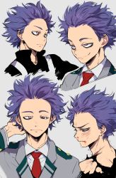Rule 34 | 10s, 1boy, bad id, bad twitter id, bags under eyes, blood, blue hair, boku no hero academia, clenched teeth, from side, half-closed eyes, highres, looking at viewer, male focus, mamao2, necktie, portrait, purple eyes, red necktie, school uniform, shinsou hitoshi, smile, smirk, solo, sweat, tears, teeth, torn clothes, track suit, upper body