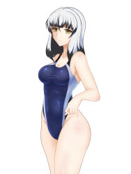 Rule 34 | 1girl, absurdres, blue one-piece swimsuit, breasts, cleavage, colored tips, commentary request, competition swimsuit, cowboy shot, highres, looking at viewer, medium breasts, medium hair, multicolored hair, one-piece swimsuit, satsuki yomi, seppatsumaru, simple background, solo, swimsuit, toji no miko, two-tone hair, white background, white hair, yellow eyes
