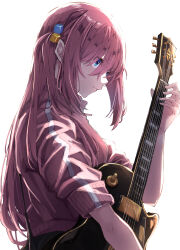 Rule 34 | 1girl, absurdres, blue eyes, bocchi the rock!, cube hair ornament, electric guitar, from side, gotoh hitori, guitar, hair ornament, highres, instrument, jacket, long hair, long sleeves, music, nuruponnu, one side up, pink hair, pink jacket, playing instrument, simple background, sleeves pushed up, solo, track jacket, upper body, v-shaped eyebrows, very long hair, white background