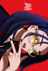 Rule 34 | 1girl, black nails, blue hair, commentary request, hair between eyes, long hair, looking at viewer, nail polish, odo-chan (ado), odo (song), open mouth, red background, shadow, sharp teeth, shouzai (ooo1007ooo), sidelocks, sideways, solo, song name, sunglasses, teeth, tinted eyewear, tongue, tongue out, twintails, twitter username, upper body, w, white-framed eyewear, yellow-tinted eyewear