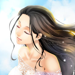Rule 34 | 1girl, bad id, bad pixiv id, bare shoulders, black hair, blue sky, closed mouth, cloud, cloudy sky, collarbone, day, dress, eyelashes, closed eyes, floating hair, from side, hair slicked back, light smile, lipgloss, lips, long hair, makeup, mascara, nico robin, nose, off-shoulder dress, off shoulder, one piece, shinmanawa, sky, solo, upper body