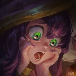 Rule 34 | 1girl, :o, artist name, colored skin, fang, gasp, green eyes, hands on own cheeks, hands on own face, hozure, league of legends, long hair, lulu (league of legends), nail polish, open mouth, portrait, purple hair, purple nails, purple skin, solo, surprised, teeth, wide-eyed, yordle