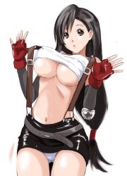 Rule 34 | 1girl, black skirt, breasts, brown eyes, brown hair, covered erect nipples, cowboy shot, crop top, detached sleeves, final fantasy, final fantasy vii, fingerless gloves, gloves, grey sleeves, hair between eyes, large breasts, long hair, long sleeves, looking at viewer, low-tied long hair, miniskirt, navel, panties, parted lips, red gloves, ryouzou, shiny clothes, shorts, simple background, skirt, solo, standing, suspender skirt, suspenders, thigh gap, tifa lockhart, underboob, underwear, very long hair, white background, white panties
