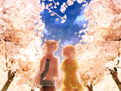 Rule 34 | 1boy, 1girl, blonde hair, brother and sister, cherry blossoms, holding hands, hetero, highres, kagamine len, kagamine rin, nocho, open mouth, petals, short hair, siblings, smile, twins, vocaloid