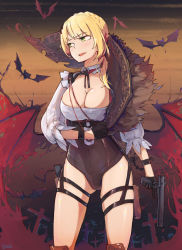 Rule 34 | 1girl, alternate costume, alternate hairstyle, argyle, arm across waist, ascot, bat (animal), black gloves, blonde hair, blouse, blush, boca, bolt action, boots, braid, breasts, brown footwear, cleavage, collared shirt, cowboy shot, cross, crown braid, dusk, eyes visible through hair, fangs, french braid, girls&#039; frontline, gloves, green eyes, gun, half-closed eyes, halloween, handgun, high heels, holster, holstered, integral suppressor, integrally-suppressed firearm, large breasts, long sleeves, looking away, manual firearm, o-ring, open mouth, outstretched hand, red wings, reflection, shiny clothes, shirt, short hair with long locks, skindentation, sky, smile, solo, standing, star (symbol), suppressor, sweatdrop, thigh boots, thigh holster, thighhighs, torn wings, vampire, vampire costume, weapon, welrod, welrod, welrod mk ii, welrod mkii (girls&#039; frontline), white shirt, wide sleeves, wing hair ornament, wings, wristband