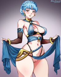 Rule 34 | 1girl, alternate costume, bare shoulders, blue hair, blush, bracelet, braid, breasts, bridal gauntlets, cleavage, cosplay, crown braid, dancer, dorothea arnault, dorothea arnault (cosplay), dorothea arnault (plegian), dorothea arnault (plegian) (cosplay), fire emblem, fire emblem: three houses, fire emblem heroes, gloves, hair ornament, jewelry, large breasts, looking at viewer, marianne von edmund, mina cream, navel, nintendo, nipples, parted bangs, pelvic curtain, pussy, short hair, simple background, smile, solo, thick thighs, thighs, uncensored, variant set, very short hair, wide hips