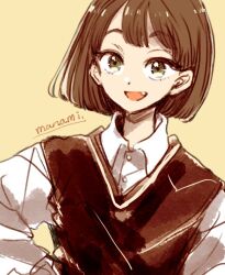 Rule 34 | 1girl, :d, artist name, brown background, brown hair, brown vest, buttons, collared shirt, commentary, fang, green eyes, happy, long sleeves, looking at viewer, open mouth, original, shirt, short hair, signature, simple background, sketch, smile, solo, sugano manami, upper body, vest, white shirt