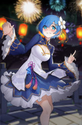 Rule 34 | 1girl, absurdres, blue hair, blush, breasts, cleavage, dress, feet out of frame, firework background, fireworks, flower, genera-x, hair flower, hair ornament, hair ribbon, hand grab, highres, index finger raised, light blue eyes, looking at viewer, medium breasts, mouth hold, multicolored clothes, multicolored dress, open mouth, re:zero kara hajimeru isekai seikatsu, rem (re:zero), ribbon, short hair, smile, solo, standing, teeth hold, wide sleeves
