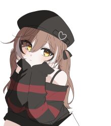Rule 34 | 1girl, absurdres, beret, black ribbon, black sweater, brown eyes, brown hair, emo fashion, hair over one eye, hair ribbon, hat, head rest, highres, hololive, hololive english, looking at viewer, multicolored hair, nanashi mumei, nanashi mumei (emo), off shoulder, red sweater, ribbon, shadow, sleeves past fingers, sleeves past wrists, spaghetti strap, streaked hair, striped clothes, striped sweater, sweater, twintails, two-tone sweater, virtual youtuber, xx tk9