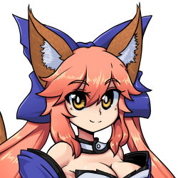 Rule 34 | 1girl, animal ear fluff, animal ears, bad id, bad pixiv id, bare shoulders, blue kimono, blue ribbon, breasts, cleavage, detached sleeves, fate/extra, fate/grand order, fate (series), fox ears, fox girl, fox tail, godichi, hair ribbon, japanese clothes, kimono, large breasts, light smile, looking at viewer, pink hair, red eyes, ribbon, simple background, solo, tail, tamamo (fate), tamamo no mae (fate/extra), upper body, white background, yellow eyes