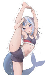 Rule 34 | 1girl, absurdres, alternate costume, arms up, bare legs, bare shoulders, barefoot, bike shorts, blue eyes, blue hair, blunt bangs, blush, breasts, commentary, cowboy shot, crotch seam, english commentary, fang, feet, fins, fish tail, flexible, foot out of frame, gawr gura, gills, grey sports bra, hand on own foot, highres, hirotaka0125, hololive, hololive english, leg lift, leg up, legs, multicolored hair, navel, open mouth, shark girl, shark tail, simple background, small breasts, solo, split, sports bra, standing, standing on one leg, standing split, streaked hair, sweat, tail, toes, touching toes, trembling, tsurime, two-tone hair, v-shaped eyebrows, virtual youtuber, white background, white hair