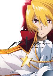 Rule 34 | 10s, 1boy, absurdres, aiguillette, blonde hair, collar, highres, image sample, itou yoshiyuki, looking at viewer, male focus, military, military uniform, outstretched arm, red eyes, red hair, simple background, solo, star (symbol), star driver, tsunashi takuto, uniform, upper body, white background