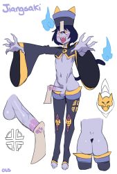 Rule 34 | 1boy, absurdres, ass, blue fire, blue hair, blush stickers, cat tail, concept art, constricted pupils, detached sleeves, erection, fangs, feet, fingernails, fire, functionally nude, hat, highres, jiangshi, lightsource, male focus, midriff, mole, mole under eye, monster boy, murasaki (lightsource), navel, nipples, ofuda, open mouth, original, outstretched arms, pale skin, penis, tail, testicles, thighhighs, toeless legwear, tongue, tongue out, trap, uncensored, white background, yellow eyes