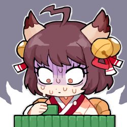 Rule 34 | 1girl, animal ears, bell, brown eyes, brown hair, cat ears, cat girl, chibi, closed mouth, commentary, constricted pupils, emlan, english commentary, gloom (expression), hair bell, hair ornament, hair ribbon, holding, holding mahjong tile, ichihime, jingle bell, looking down, mahjong, mahjong soul, mahjong tile, medium bangs, nervous sweating, red ribbon, ribbon, scared, shaded face, short hair, solo, sweat, upper body, wilted ahoge