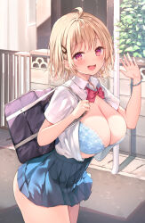 Rule 34 | 1girl, :d, ahoge, bag, blonde hair, blue bra, blue skirt, bow, bowtie, bra, breasts, cleavage, commentary request, hair ornament, hairclip, highres, large breasts, looking at viewer, open mouth, original, pink eyes, pleated skirt, red bow, red bowtie, salute, school bag, shirt, short hair, skirt, smile, solo, sune (mugendai), thighs, underwear, white shirt
