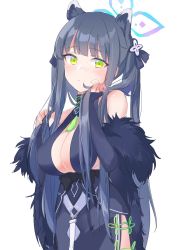 Rule 34 | 1girl, aged up, alternate breast size, animal ears, black dress, black gloves, blue archive, blush, breasts, bunching hair, china dress, chinese clothes, cleavage, closed mouth, dress, elbow gloves, fingerless gloves, gloves, green eyes, hair ornament, halo, highres, holding, holding own hair, kyuuri (miyako), large breasts, long hair, shun (blue archive), sidelocks, simple background, solo, tassel, tiger ears, tiger girl, twintails, very long hair, white background