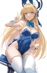 Rule 34 | 1girl, animal ears, bar stool, blonde hair, blue archive, blue bow, blue bowtie, blue eyes, blue hair, blue leotard, blunt bangs, bow, bowtie, braid, breasts, commentary, covered navel, detached collar, double v, earpiece, fake animal ears, fake tail, french braid, hair bow, hair down, halo, hands up, highleg, highleg leotard, leotard, long hair, looking at viewer, medium breasts, multicolored hair, official alternate costume, official alternate hairstyle, okitakung, open mouth, rabbit ears, rabbit tail, revision, signature, sitting, solo, stool, strapless, strapless leotard, streaked hair, symbol-only commentary, tail, thighhighs, toki (blue archive), toki (bunny) (blue archive), v, white background, white thighhighs, white wrist cuffs, wrist cuffs