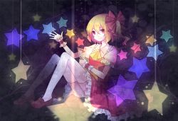 Rule 34 | 1girl, alternate wings, blonde hair, bow, cuivre, dress, female focus, flandre scarlet, glowing, glowing wings, hair bow, looking at viewer, no headwear, no headwear, hugging object, puffy sleeves, red dress, red eyes, shirt, short sleeves, side ponytail, smile, solo, star (symbol), thighhighs, touhou, white thighhighs, wings, wrist cuffs, zettai ryouiki