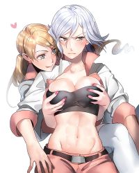 Rule 34 | &gt;:|, 2girls, :p, :|, abs, azee gurumin, bad id, bad pixiv id, belt, blonde hair, blue eyes, blush, breasts, cleavage, closed mouth, cosplay, cowboy shot, crop top, earrings, embarrassed, female focus, grabbing, grabbing another&#039;s breast, grabbing from behind, groin, groping, gundam, gundam tekketsu no orphans, hair between eyes, heart, heart earrings, high collar, jacket, jewelry, lafter frankland, lafter frankland (cosplay), large breasts, licking lips, long hair, looking at another, looking away, looking to the side, midriff, multiple girls, nail polish, naughty face, navel, open clothes, open jacket, pink nails, short hair, shy, silver hair, simple background, sleeves rolled up, smile, strapless, swept bangs, takaraizu, thighhighs, toned, tongue, tongue out, tube top, v-shaped eyebrows, white background, yuri