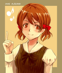 Rule 34 | 1girl, bad id, bad pixiv id, bow, bowtie, brown background, brown hair, character name, eyebrows, juni argiano, musical note, pointing, pointing up, potepote, quartett!, quaver, school uniform, short hair, solo