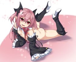 Rule 34 | 1girl, ass, boots, detached collar, fang, flat chest, functionally nude, hair between eyes, high heel boots, high heels, highres, krul tepes, kyuutou (kyuutouryuu), long hair, lying, nipples, on stomach, owari no seraph, pink hair, pointy ears, red eyes, solo