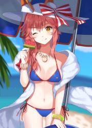 Rule 34 | 1girl, bad id, bad twitter id, bikini, blue bikini, blush, bow, bracelet, breasts, cleavage, ears through headwear, eating, fate/grand order, fate (series), food, halterneck, hat, highres, holding, holding food, izumo neru, jewelry, large breasts, long hair, looking at viewer, navel, necklace, one eye closed, pink hair, popsicle, red bow, side-tie bikini bottom, smile, solo, string bikini, striped, striped bow, swimsuit, tamamo (fate), tamamo no mae (fate/extra), tamamo no mae (swimsuit lancer) (fate), tamamo no mae (swimsuit lancer) (third ascension) (fate), tongue, tongue out, umbrella, white bow, white hat, yellow eyes