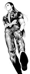 Rule 34 | 1boy, absurdres, closed mouth, full body, greyscale, hair slicked back, hands in pockets, highres, hunter x hunter, illumi zoldyck, jacket, long hair, male focus, monochrome, my nameisyoon, pants, shirt, shoes, short sleeves, simple background, solo, walking