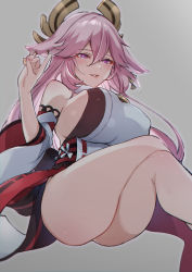 Rule 34 | 1girl, bare shoulders, blush, breasts, commentary request, crossed legs, detached sleeves, fingernails, genshin impact, gesture, grey background, hair between eyes, hair ornament, highres, japanese clothes, large breasts, lips, long hair, looking at viewer, parted lips, purple eyes, shindou (fuguri), shirt, sideboob, sidelocks, simple background, smile, solo, thick thighs, thighs, white shirt, wide sleeves, yae miko