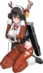 Rule 34 | 10s, animal costume, antlers, bell, black hair, bob (biyonbiyon), chikuma (kancolle), full body, gloves, horns, kantai collection, looking at viewer, official art, reindeer antlers, reindeer costume, seiza, sitting, solo, torn clothes, transparent background