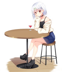 Rule 34 | 1girl, ankle boots, bare shoulders, black camisole, black footwear, blue skirt, blush, boots, brown jacket, camisole, cherry, closed mouth, cocktail glass, commentary request, crossed legs, cup, drink, drinking glass, food, fruit, hair between eyes, hair ornament, hairclip, hand up, high heel boots, high heels, highres, jacket, komori kuzuyu, long sleeves, off shoulder, open clothes, open jacket, original, platform footwear, platform heels, puffy long sleeves, puffy sleeves, red eyes, silver hair, sitting, skirt, sleeves past wrists, solo, stool, table, white background, x hair ornament