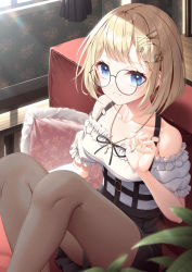 Rule 34 | 1girl, bare shoulders, black-framed eyewear, black skirt, blonde hair, blue eyes, brown pantyhose, commentary request, couch, feet out of frame, frilled pillow, frilled shirt, frills, glasses, grin, hair ornament, hairclip, hand up, highres, hololive, hololive english, indoors, kine-c, knees up, nail polish, off-shoulder shirt, off shoulder, on couch, pantyhose, pillow, pleated skirt, puffy short sleeves, puffy sleeves, round eyewear, shirt, short sleeves, sitting, skirt, smile, solo, virtual youtuber, watson amelia, watson amelia (street casual), white shirt, wooden floor, yellow nails