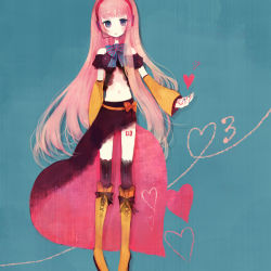 Rule 34 | bad id, bad pixiv id, blue eyes, boots, detached sleeves, headset, heart, long hair, megurine luka, midriff, navel, pechika, pink hair, ribbon, solo, thighhighs, very long hair, vocaloid