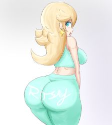 Rule 34 | 1girl, artist request, ass, bare shoulders, blonde hair, blue eyes, breasts, earrings, from behind, hair over one eye, highres, huge ass, jewelry, large breasts, long hair, looking at viewer, looking back, mario (series), nintendo, open mouth, pants, rosalina, shiny skin, sideboob, skin tight, solo, super mario galaxy