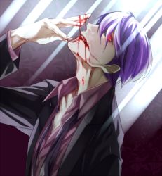 Rule 34 | 10s, 1boy, black sclera, blood, blood on face, blood on hands, colored sclera, dripping, formal, karukachika, looking at viewer, male focus, necktie, purple hair, red eyes, short hair, solo, suit, tokyo ghoul, tsukiyama shuu