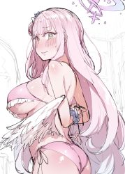Rule 34 | 013 (hamsasuke), 1girl, ass, bikini, blue archive, blush, breasts, closed mouth, halo, highres, large breasts, long hair, looking at viewer, mika (blue archive), pink bikini, pink hair, scrunchie, solo, sweatdrop, swimsuit, very long hair, white wings, wings, wrist scrunchie, yellow eyes