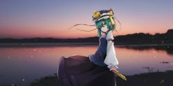 Rule 34 | 1girl, absurdres, asymmetrical hair, balance scale, black skirt, blue hat, blue vest, frilled hat, frills, gradient sky, green eyes, green hair, gunsou1350, hat, highres, holding, long sleeves, looking at viewer, outdoors, rod of remorse, shiki eiki, short hair, skirt, sky, solo, standing, touhou, vest, weighing scale