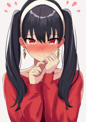 Rule 34 | 1girl, alternate hairstyle, amenocchi, black hair, blush, commentary request, dangle earrings, earrings, embarrassed, gold earrings, highres, jewelry, long hair, looking at viewer, nose blush, partial commentary, red eyes, red sweater, simple background, solo, spy x family, sweater, twintails, white background, yor briar