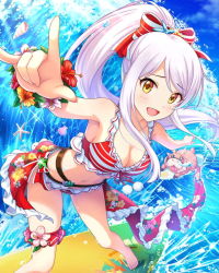 Rule 34 | barefoot, bikini, bikini top only, blitzen, blush, breasts, cleavage, cloud, collarbone, day, eve santaclaus, floral print, flower bracelet, flower ornament, hair ornament, hair ribbon, idolmaster, idolmaster cinderella girls, looking at viewer, medium breasts, navel, nose bubble, ocean, official art, open mouth, ponytail, reindeer, ribbon, seashell, shell, sky, solo, striped bikini, striped clothes, surfboard, surfing, swimsuit, waves, white hair, yellow eyes