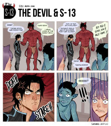 Rule 34 | !, !!, 2017, 2boys, 2girls, absurdres, bara, beard stubble, black jacket, blue skin, cat girl, collarbone, colored skin, demon horns, dominique (the devil and s-13), facial hair, frown, fundoshi, highres, horns, jacket, japanese clothes, multiple boys, multiple girls, muscular, muscular male, red skin, steen (the devil and s-13), stubble, suyohara, sweatdrop, teeth, the devil and s-13, veiny face, worried