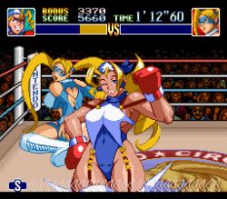 Rule 34 | 2girls, bare shoulders, blonde hair, blue eyes, boxing gloves, boxing ring, breasts, crossover, defeat, from behind, headband, highleg, highleg leotard, highres, justice gakuen, large breasts, leotard, long hair, mask, multiple girls, nakamanga, nintendo, one eye closed, pixel art, ponytail, punch-out!!, rainbow mika, sideboob, sleeveless, street fighter, street fighter zero (series), super punch-out!!, tiffany lords, twintails, very long hair, wrestling outfit