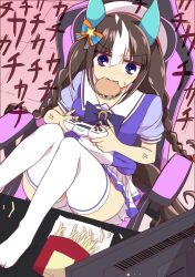 Rule 34 | 1girl, animal ears, bow, braid, brown hair, burger, chair, clenched teeth, commentary request, controller, ear bow, ear covers, food, food in mouth, french fries, gaming chair, highres, hokko tarumae (umamusume), holding, holding controller, horse ears, horse girl, horse tail, long hair, monitor, on chair, playing games, puffy short sleeves, puffy sleeves, purple bow, purple eyes, purple shirt, school uniform, shirt, short sleeves, sitting, solo, swivel chair, tail, teeth, thighhighs, tracen school uniform, twin braids, umamusume, very long hair, wahiko (black bastard), white hair, white headwear, white thighhighs