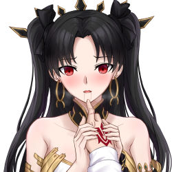 Rule 34 | 1boy, 1girl, black bow, black hair, blush, bow, breasts, chinese commentary, commentary request, earrings, fate/grand order, fate (series), fujimaru ritsuka (male), hair bow, highres, holding hands, hoop earrings, ishtar (fate), jewelry, large breasts, long hair, looking at viewer, parted bangs, pov, red eyes, saliva, saliva trail, simple background, solo focus, two side up, upper body, white background, yeklsa