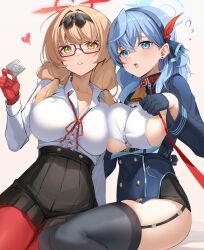 Rule 34 | 2girls, absurdres, ako (blue archive), bell, blue archive, blue eyes, blue hair, blush, breasts, chinatsu (blue archive), cleavage, collar, glasses, gloves, hairband, halo, highres, large breasts, light brown hair, long hair, long sleeves, looking at viewer, multiple girls, neck bell, open mouth, pointy ears, sideboob, xubai