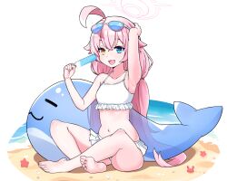 Rule 34 | 1girl, ahoge, bare arms, bare legs, bare shoulders, barefoot, bikini, blue archive, blue eyes, blush, breasts, collarbone, feet, full body, hair bobbles, hair ornament, halo, heterochromia, highres, hoshino (blue archive), hoshino (swimsuit) (blue archive), inflatable toy, inflatable whale, long hair, looking at viewer, low twintails, navel, nipples, pink hair, renfuu, small breasts, soles, solo, swimsuit, toenails, toes, twintails, very long hair, white bikini, yellow eyes