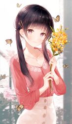 Rule 34 | 1girl, animal, black hair, breasts, bug, butterfly, cleavage, closed mouth, collarbone, commentary, flower, freesia (flower), gomzi, hair ornament, hairclip, high-waist skirt, holding, holding flower, bug, jewelry, long hair, long sleeves, low twintails, medium breasts, original, pendant, pink shirt, ring, shirt, signature, skirt, smile, solo, twintails, white skirt, yellow flower