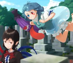 Rule 34 | 2girls, ahoge, asymmetrical wings, black dress, black hair, bloomers, blue eyes, blue hair, blue skirt, blush, blush stickers, cloud, commentary request, day, dress, graveyard, heterochromia, houjuu nue, jumping, kitano (kitanosnowwhite), looking at another, multiple girls, pointy ears, red eyes, short hair, short sleeves, skirt, smile, tatara kogasa, tombstone, tongue, tongue out, touhou, tree, underwear, wings