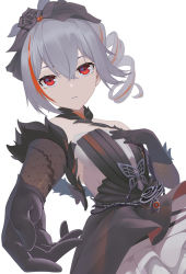 Rule 34 | 1girl, bad id, bad pixiv id, black dress, black flower, black gloves, black rose, bronya zaychik, bronya zaychik (black nucleus), dress, drill hair, elbow gloves, flower, gloves, grey hair, hair between eyes, hair flower, hair ornament, hand on own chest, highres, honkai (series), honkai impact 3rd, jliaan, looking at viewer, open mouth, outstretched arm, red eyes, rose, simple background, sleeveless, sleeveless dress, solo, teeth, white background